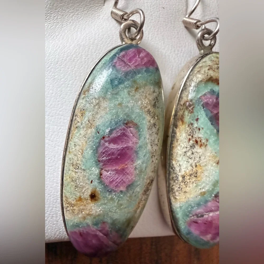 Sterling Silver 925 Ruby in Fuchsite Multi-Color Stone Earrings Dangling Heavy